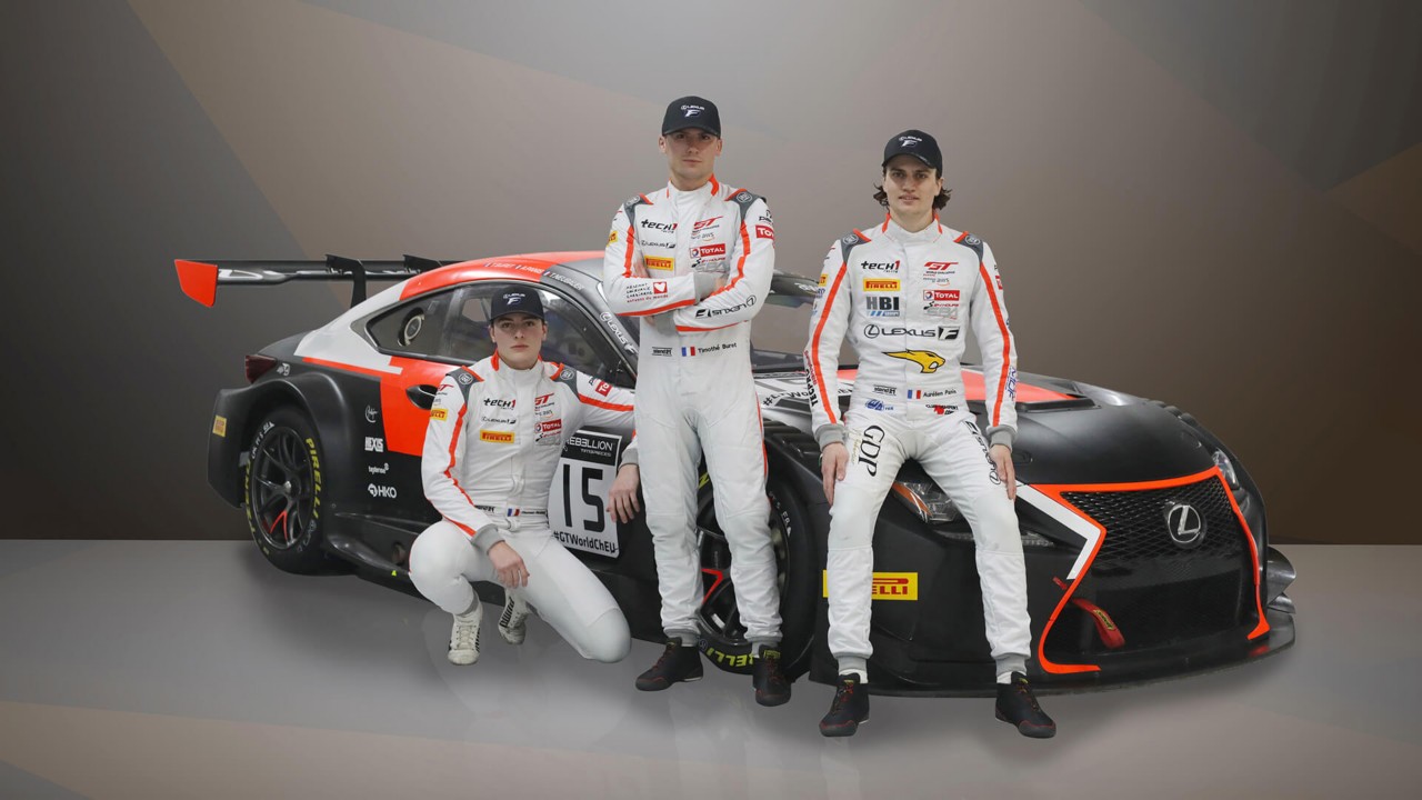 Aurélien Panis, Timothé Buret and Thomas Neubauer leaning against a Lexus RC F motorsport 